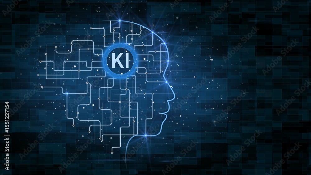 Naklejka premium KI letters - brain in the human head - Artificial Intelligence concept - 3D Illustration
