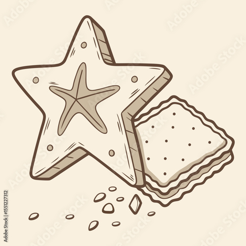 Stylized biscuit composition featuring nautical star motif and layered square shape
