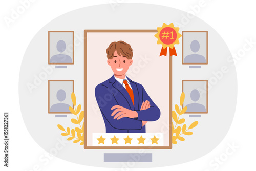 Man became best employee of month in corporation thanks to hard work and professional achievements. Portrait of best employee who distinguished himself in completing assigned task.