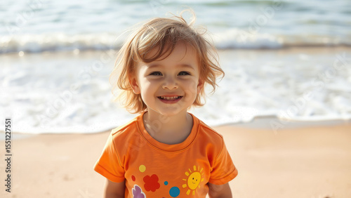 little smiling child in colorful t-shirt on beach against sea background, vacation, holidays, kid, children, resort, rest, relax, boy in summer clothes