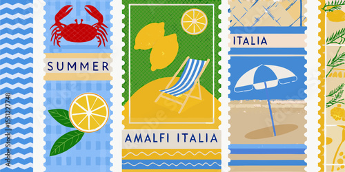 Summer in Italy Amalfi Coast themed postage stamp style illustration