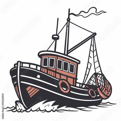 Nautical themed vintage illustration of a classic fishing trawler vessel