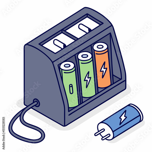 Illustration depicting battery charger with cylindrical cells undergoing recharge process