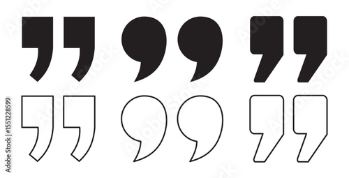 Vector black quote icon set. Quote Icon Object. Quote marks outline, speech marks, inverted commas or talking marks collection.