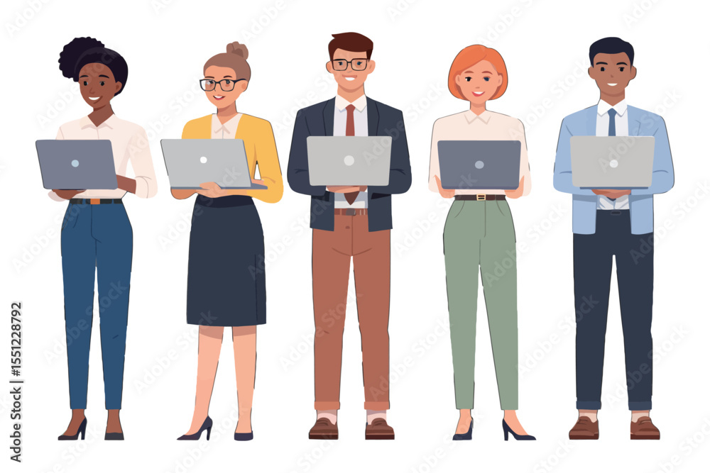 Obraz premium Digital Collective: A diverse group of professionals, each poised with a laptop, representing the modern connected workplace, full of technological prowess and collaborative spirit.