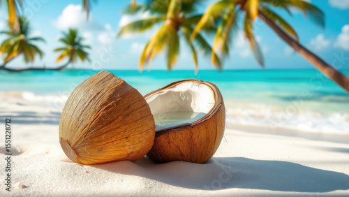 open coconut lies on sandy beach against sea and palm trees, tropical island, Maldives, Hawaii, Thailand, vacation, summer, resort