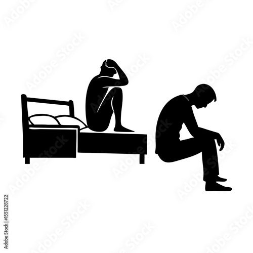 Silhouette of Depressed Man Sitting on Bed – Vector Illustration of Sadness and Loneliness in Bedroom Scene

