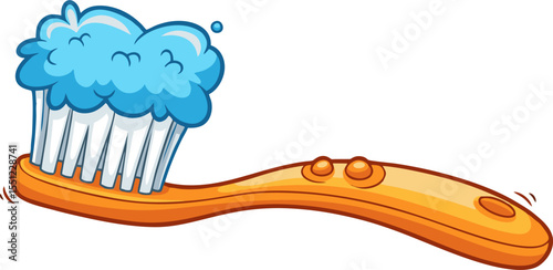Cartoon Orange Toothbrush with Blue Foaming Toothpaste and Wavy Motion Lines