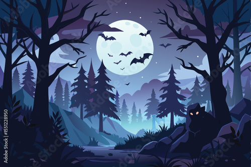 A vibrant illustration of a spooky forest at night, featuring dark silhouettes of trees, a full moon, and bats against a deep purple and blue color palette.