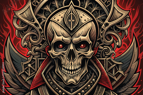 A detailed graphic design featuring a skull wearing ornate armor and adorned with intricate, stylized, decorative elements.