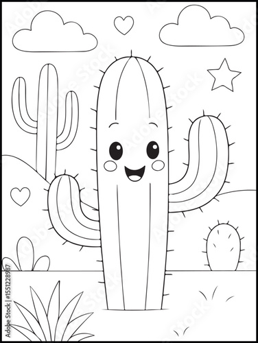 Happy Cactus Coloring Page for Kids – Fun Desert Nature Illustration. Perfect for preschoolers and kids to explore desert life through creative coloring fun.