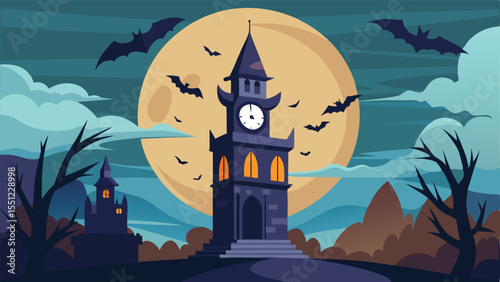 A stylized illustration of a large bat in silhouette, against a full moonlit night sky.