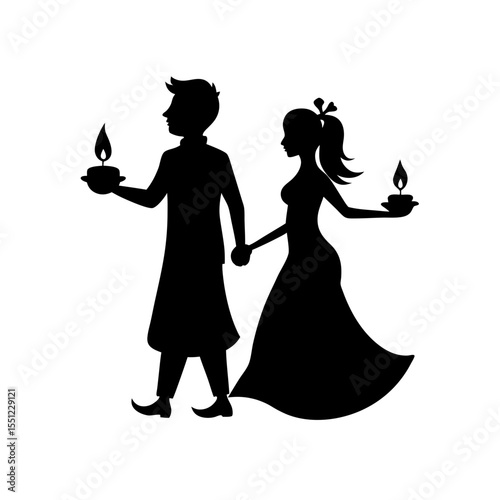 black silhouette of diwali festival couple on whit.svg