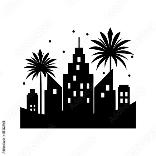 black silhouette of fireworks over city on white b.svg