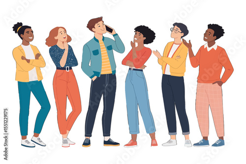 Diverse Ensemble of People: This image portrays a group of individuals engaged in a variety of activities. Each figure expresses a unique emotion or action.