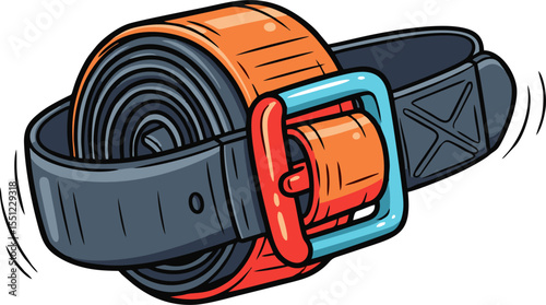 Cartoon ratchet strap with orange webbing, blue frame, and gray housing