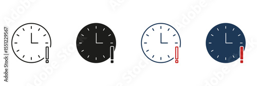 Clock With Exclamation Mark Line And Solid Icon Set. Urgency, Deadline, And Time Management Alert Symbol Collection. Time-Sensitive Notification. Isolated Vector Illustration