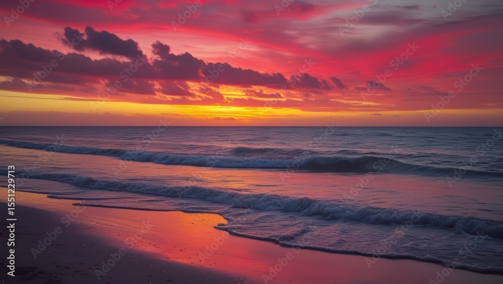 Fototapeta premium Beautiful ocean beach sunset scenery with pink clouds and golden hour sunlight glow