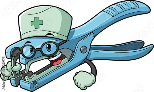 Cartoon Stapler Character with Nurse Hat and Glasses, Smiling Widely