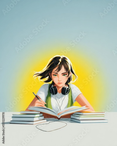 Anime Girl Studying at Desk with Books
