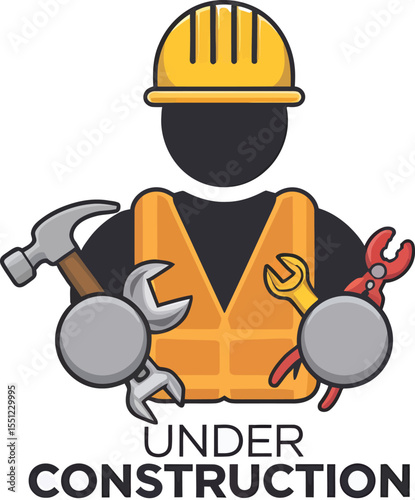 "Construction Worker Icon: Under Construction Symbol with Hard Hat, Tools, and Safety Vest"