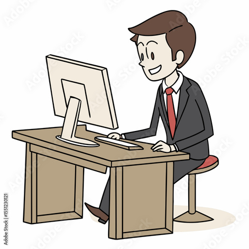 Cartoon businessman thoughtfully working at desk with computer in office setting