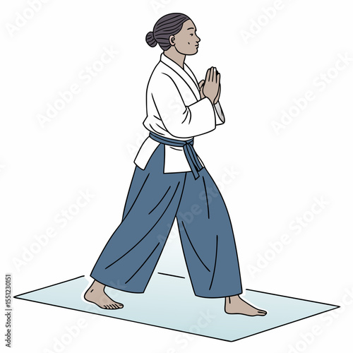 Woman practicing martial arts in traditional uniform on a mat with meditation