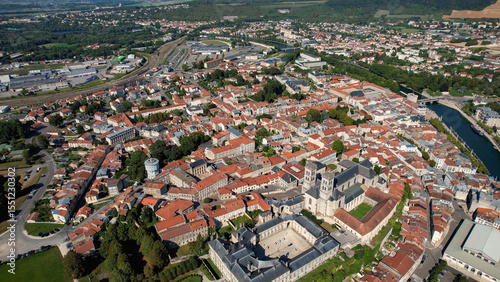 Fototapeta Naklejka Na Ścianę i Meble -  An Aerial panorama view with pan of the old town around the city Verdun in France on a sunny spring noon