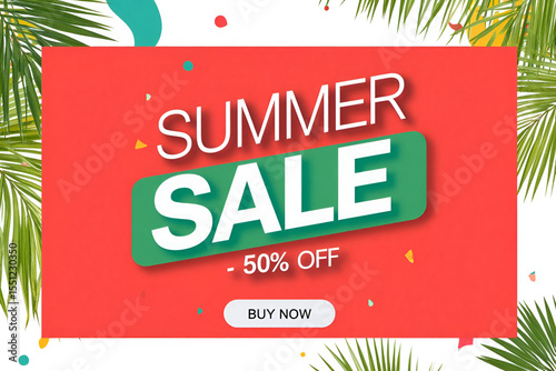 Summer Sale Promotional Banner with 50% Off Offer, Green Text on Red Background, Tropical Palm Leaves and Confetti

