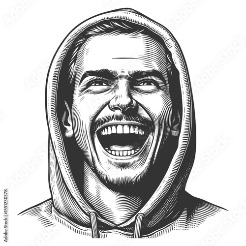 cheerful young man wearing a hoodie, smiling widely with joyful energy and expressive eyes sketch engraving generative ai fictional character vector illustration. Scratch board. Black and white image.