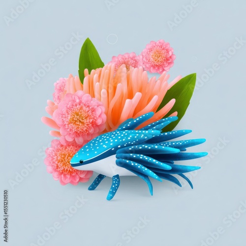 Blue Fantastical Creature Among Pink Flowers