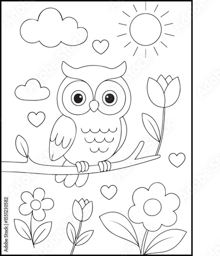 Cute Owl Coloring Page for Kids – Cartoon Owl Sitting on a Tree Branch. adorable coloring page for children. 