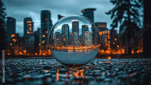 Cityscape inverted within glass orb, blurred background