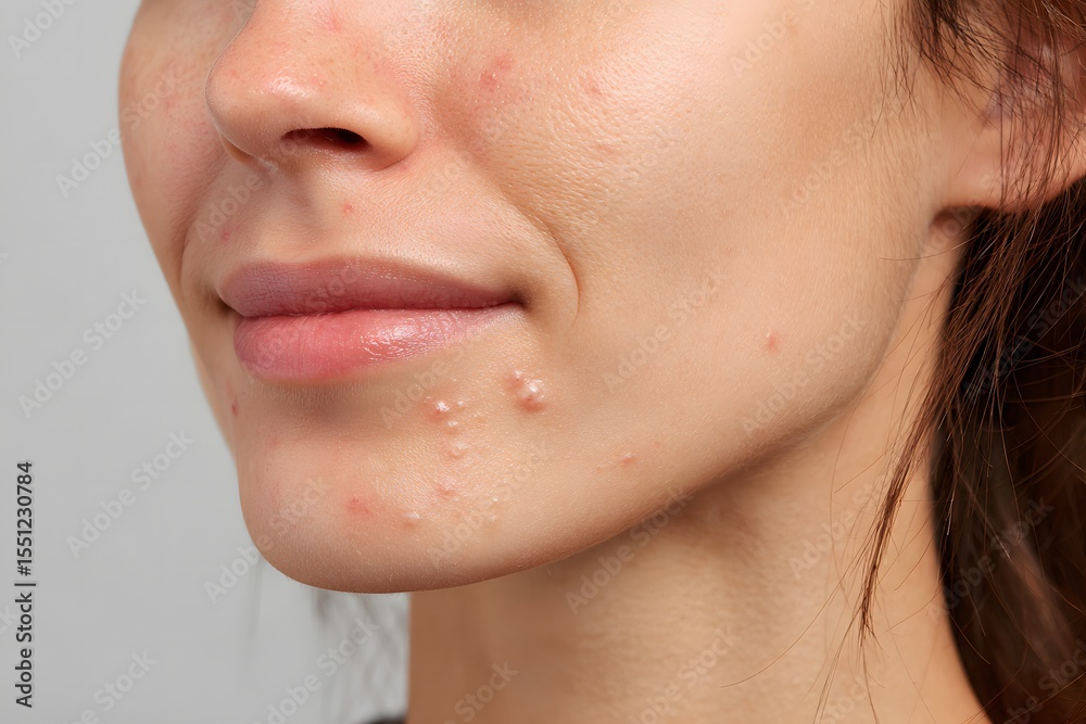 Obraz premium Cheek of a woman suffering from acne, with several red pustules and rough skin texture, taken in detailed macro, suitable for skincare ads, educational posters, or facial treatment visuals.