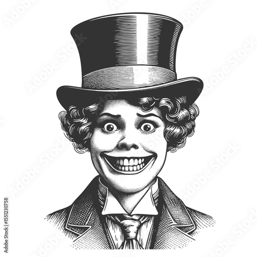 wide-eyed woman with a huge smile, curly hair, and wearing a tall top hat sketch engraving generative ai fictional character vector illustration. Scratch board imitation. Black and white image.