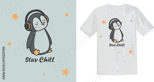 Cute Cartoon Penguin with Headphones - "Stay Chill" T-Shirt Design