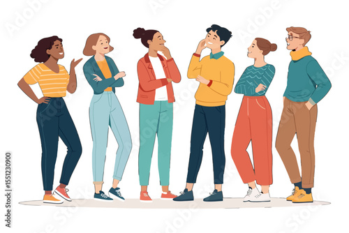 A Team of Thinkers: This illustration captures a group of diverse individuals engrossed in thought. Each person is lost in contemplation, hands posed thoughtfully near their chins and mouths.