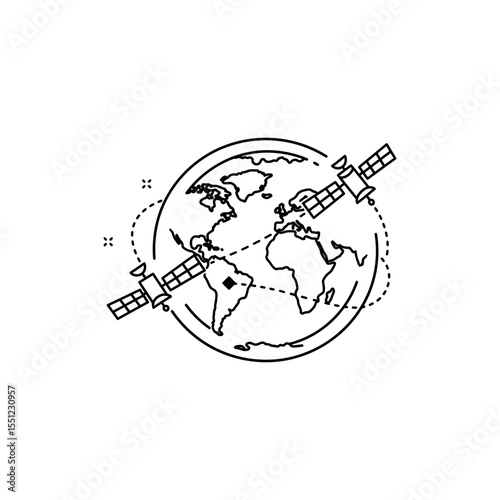 Minimal black line icon of earth with orbiting satellites and dotted lines symbolizing international data