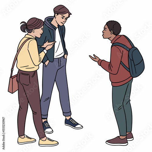 Informal gathering of three friends chatting outdoors in a casual setting
