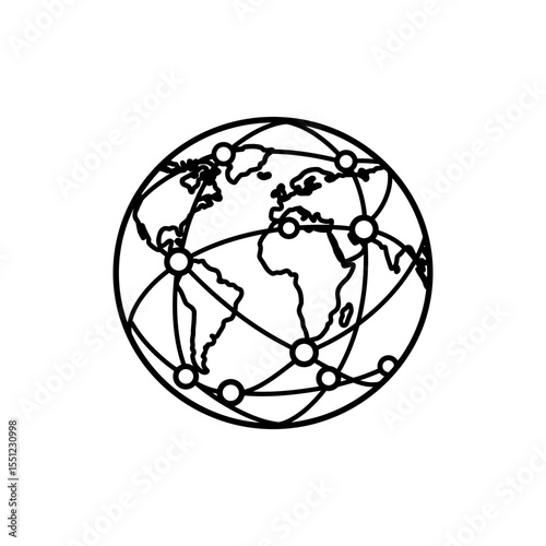 Outlined black line icon of world map with connecting lines forming a global network web