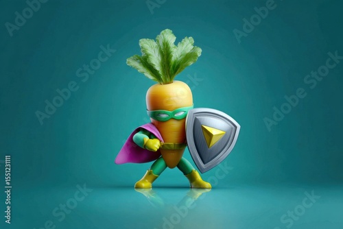 Cartoon Carrot Superhero with Cape and Shield on Teal Background
