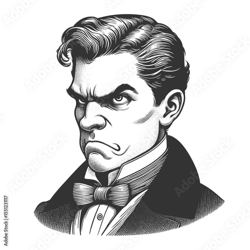 serious Victorian gentleman with a thick mustache, bow tie, and piercing, intimidating expression sketch engraving generative ai fictional character vector illustration. Scratch board. Black and white