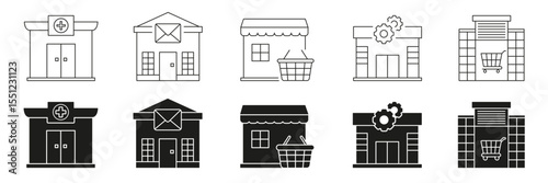 Medical, Postal, Retail, Industrial Building Line And Solid Icon Set. Healthcare, Communication, Shopping, Manufacturing Symbol Collection. Business Infrastructure. Isolated Vector Illustration