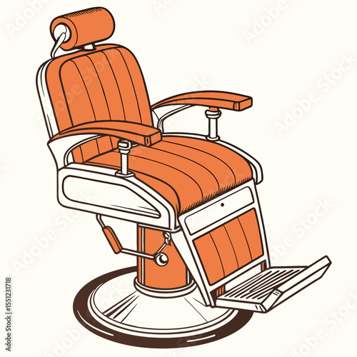 Vintage barber chair illustration with warm orange tones, evokes classic style