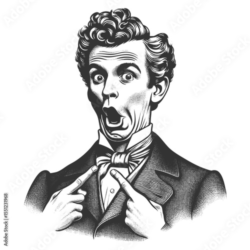 wide-eyed man in formal attire, shocked expression while pointing at his large bow tie sketch engraving generative ai fictional character vector illustration. Scratch board. Black and white.
