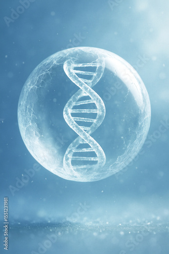 Frozen Crystal DNA helix in spherical ice-like bubble, skincare innovation concept. 