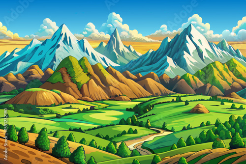 Green hills and distant mountains in a vibrant springtime valley vector perfect for nature, countryside, or seasonal travel themed illustrations