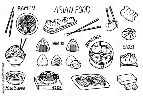 Asian food set. Hand drawn doodle vector. Ramen noodles. Rice in bowl, onigiri. Miso soup. Steamed dumplings. Sushi. Fried tofu. Mochi dessert. Chopsticks. Illustration line art elements collection.