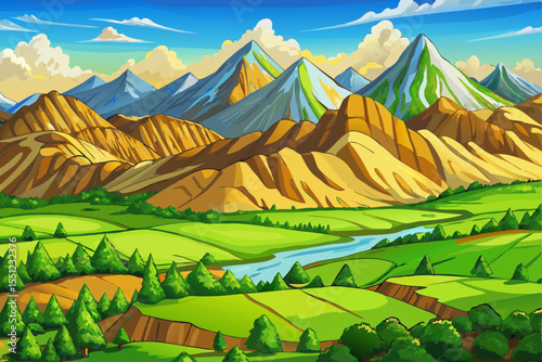 Green hills and distant mountains in a vibrant springtime valley vector perfect for nature, countryside, or seasonal travel themed illustrations