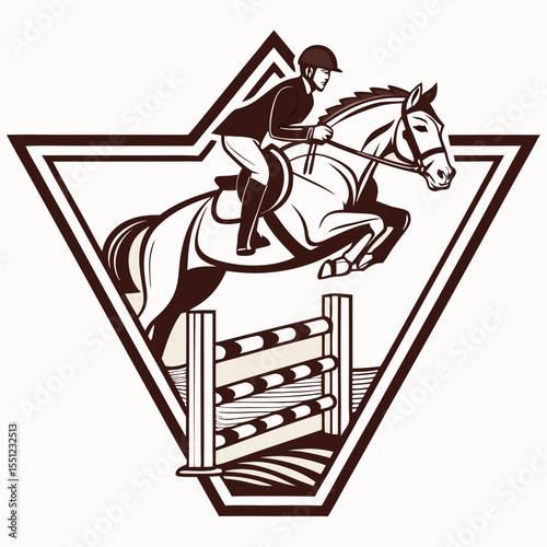 Elegant equestrian illustration capturing a horse jumping over a hurdle with rider